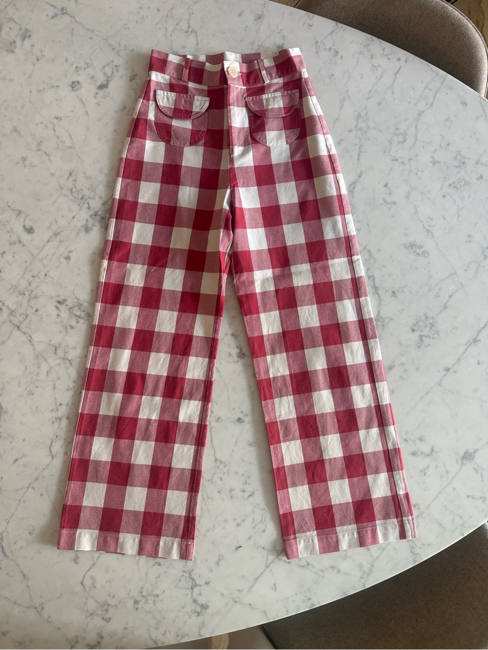 Red and White Gingham Wide-Leg Pants